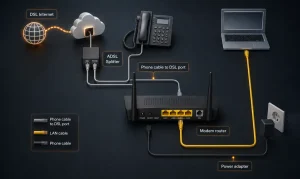 نحوه اتصال مودم ADSL به اسپلیتر، تلفن و کامپیوتر