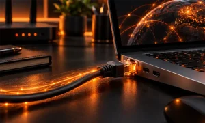 اتصال کابل شبکه اترنت به لپ تاپ برای انتقال داده در شبکه