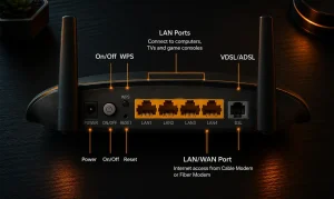 پورتهای LAN، DSL، Power و Reset در مودم ADSL