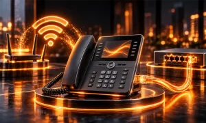 تلفن ویپ با نمایش اتصال بیسیم Wi-Fi و اتصال کابلی شبکه برای مقایسه روش ارتباط