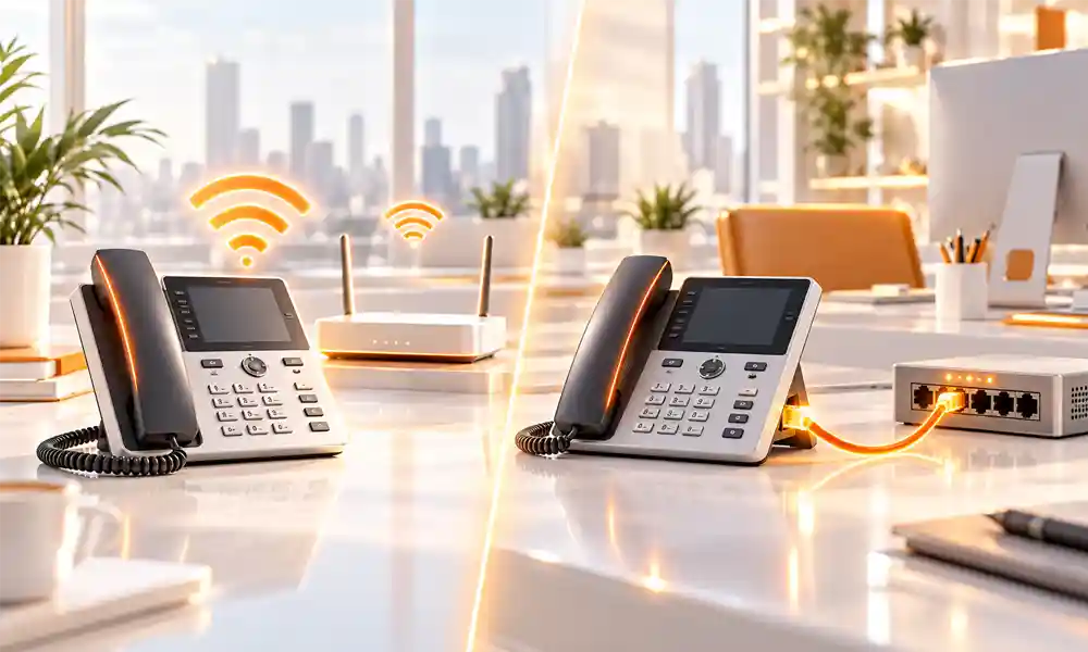 مقایسه تلفن ویپ با اتصال Wi-Fi و تلفن ویپ کابلی با تغذیه PoE در محیط اداری